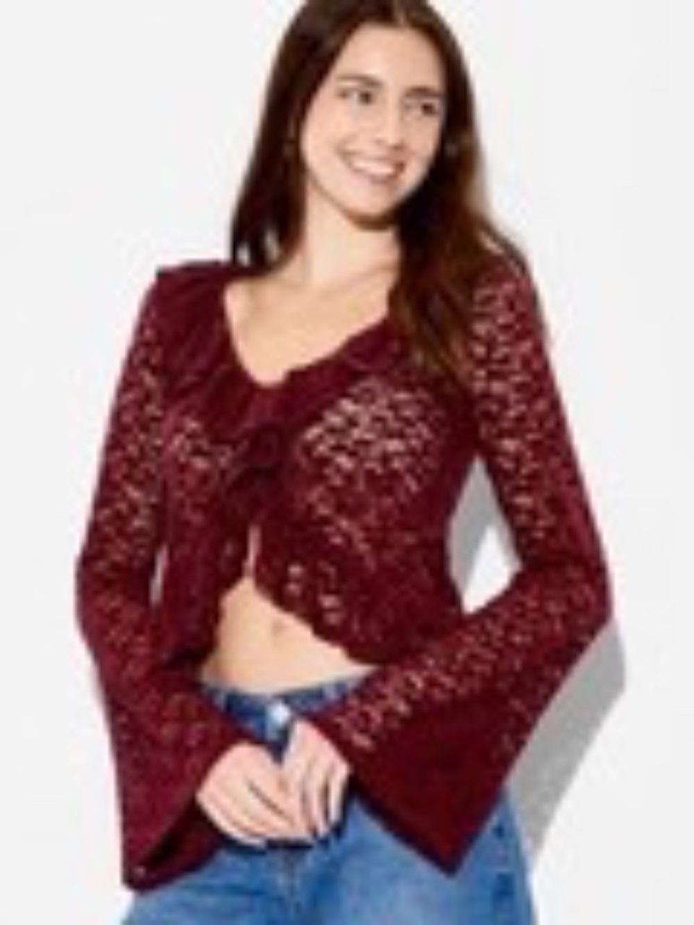 Women's Long Sleeve V-Neck Flyaway Brushed Lace Top - Wild Fable Burgundy Size S